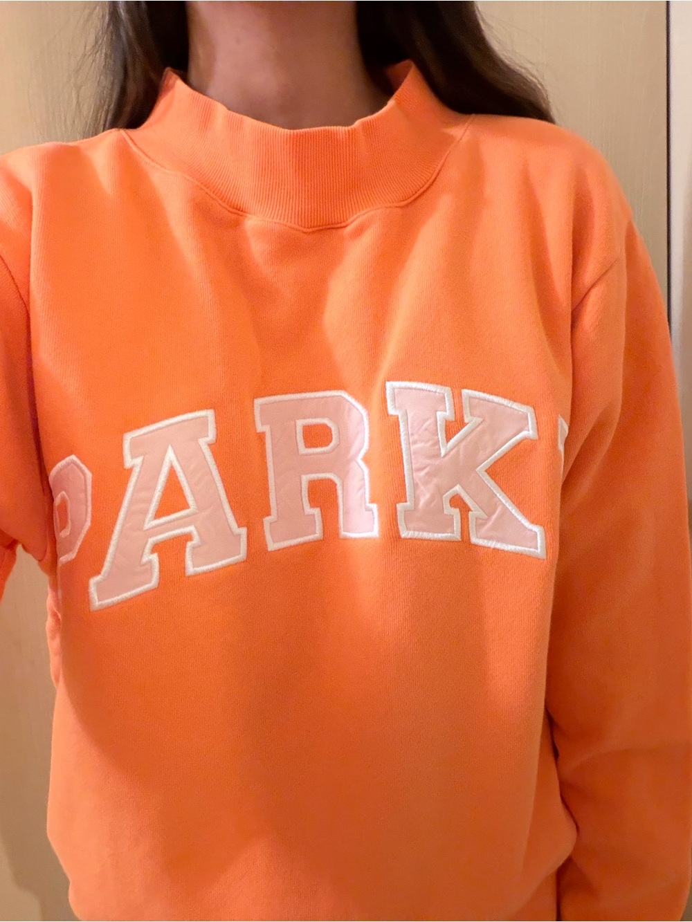 PARK Mock-Neck Crewneck Sweater in Peach Orange